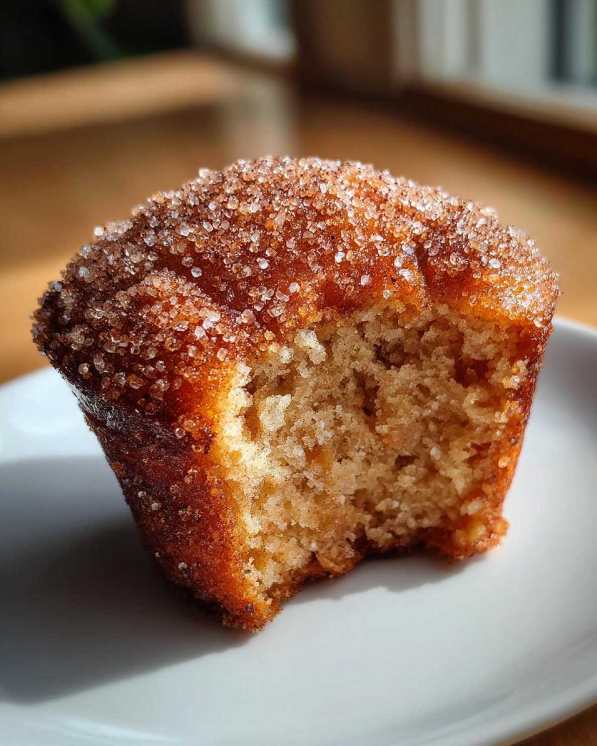 A close-up of a cinnamon sugar french toast muffins with a bite taken out, revealing the soft interior and crunchy topping.