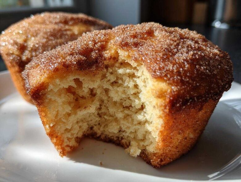 A close-up shot of a cinnamon sugar french toast muffin with a bite taken out, showing the soft, fluffy interior.