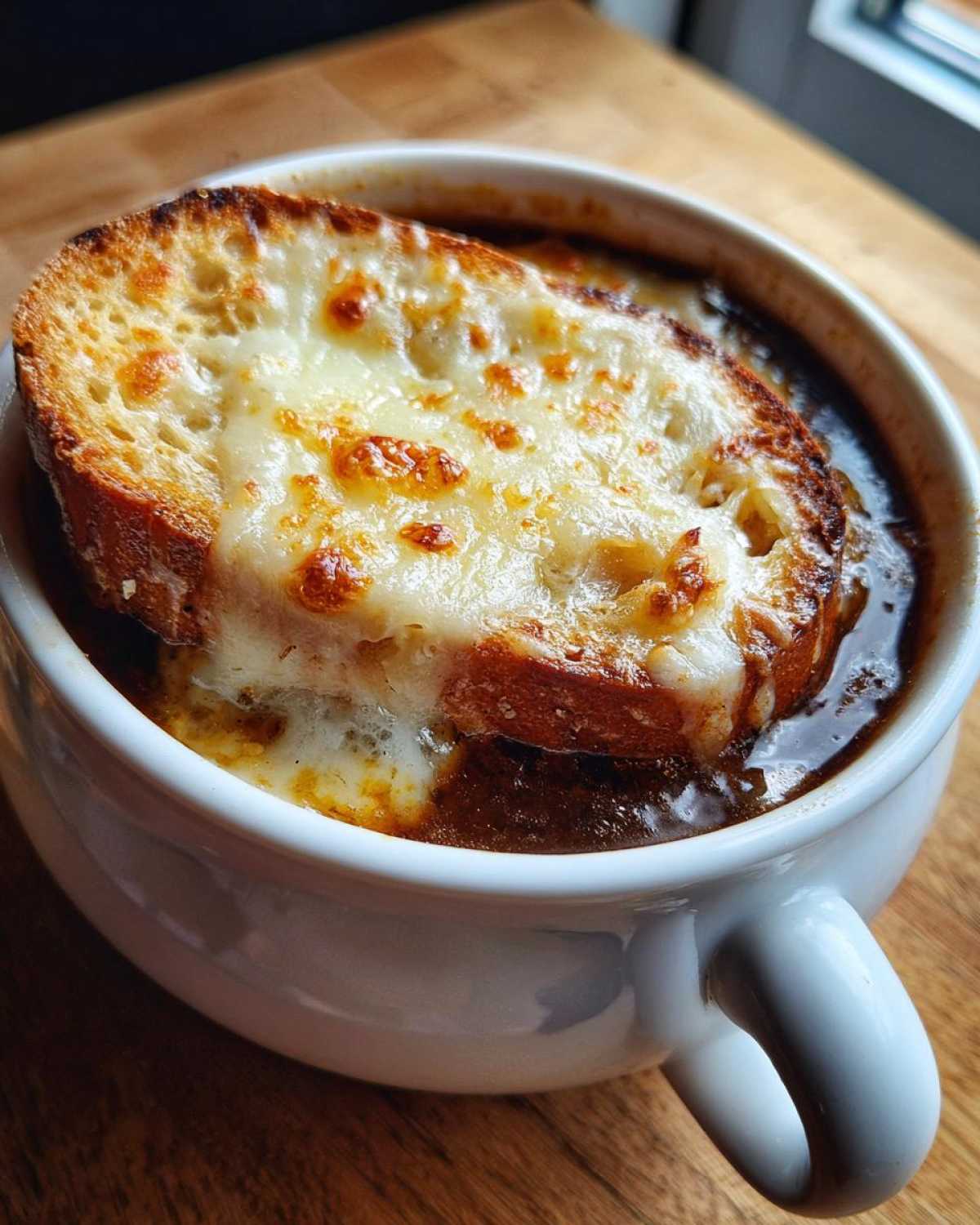 A close-up of rich french onion soup topped with a crouton covered in bubbly, browned Gruyère cheese.