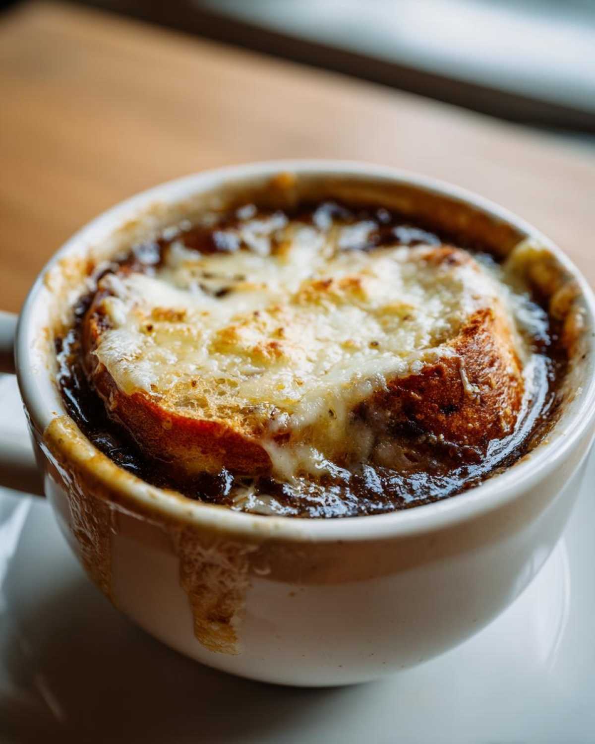 Close-up of a rich, dark french onion soup topped with a toasted crouton and bubbling, melted Gruyère cheese.