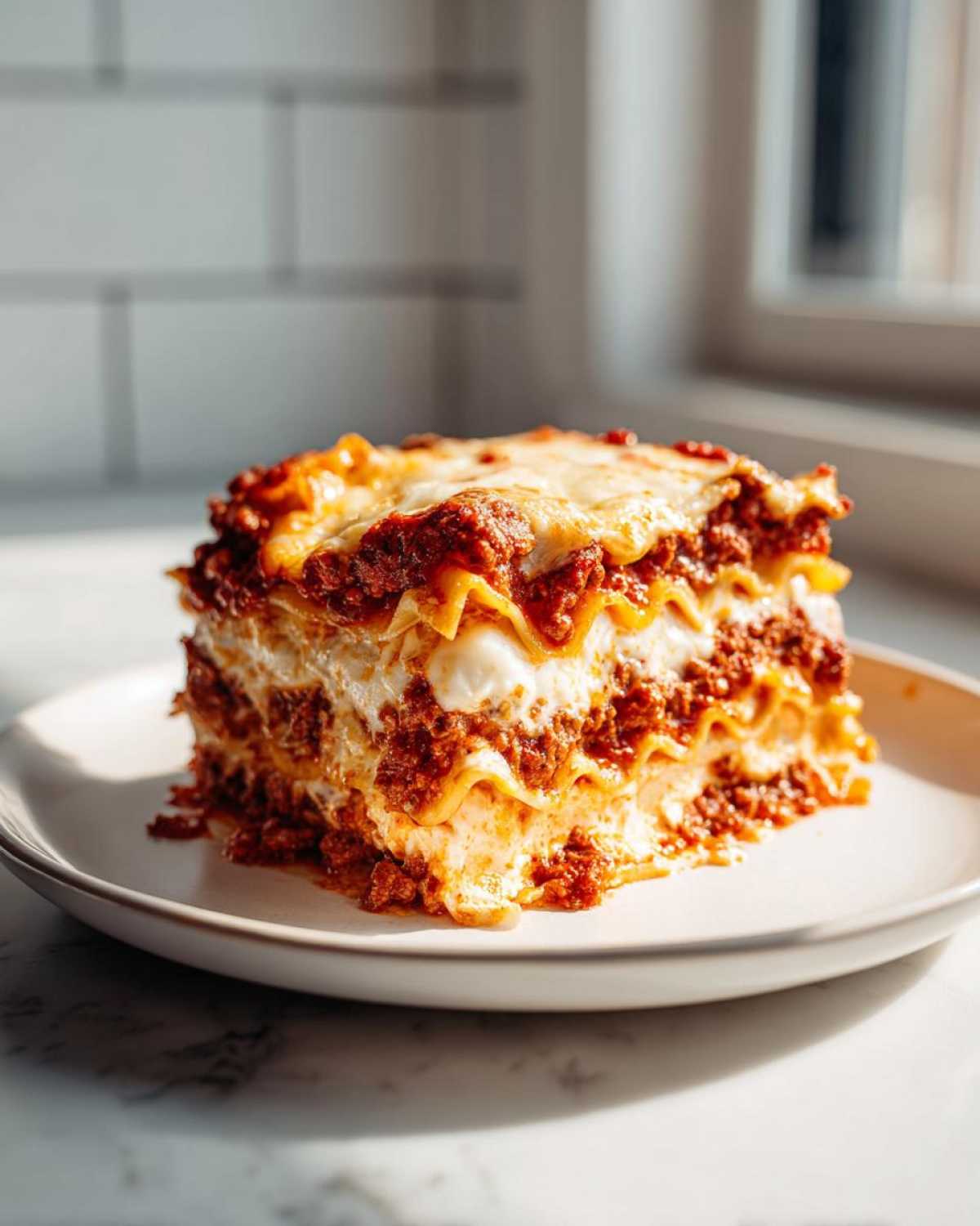 A tall, perfect slice of homemade lasagna showing layers of pasta, ricotta, and meat sauce, topped with melted cheese.