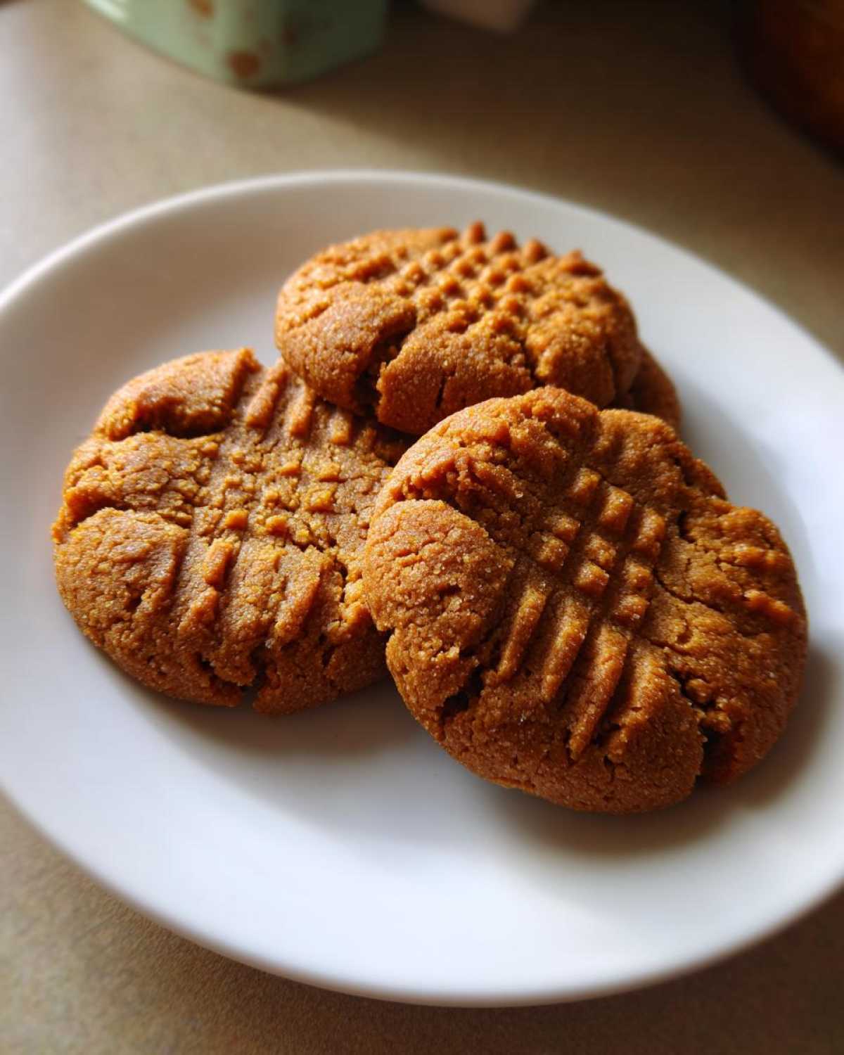 Close-up of three golden brown peanut butter cookies with classic crisscross fork marks on a white plate.