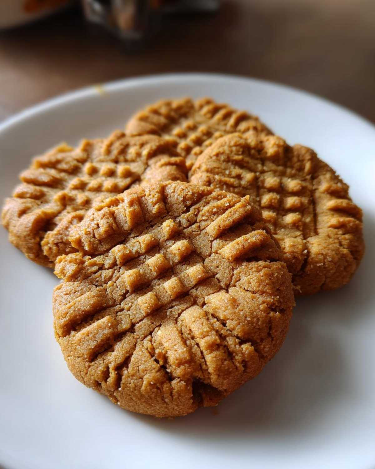 Three classic peanut butter cookies with the traditional crisscross fork marks resting on a white plate.