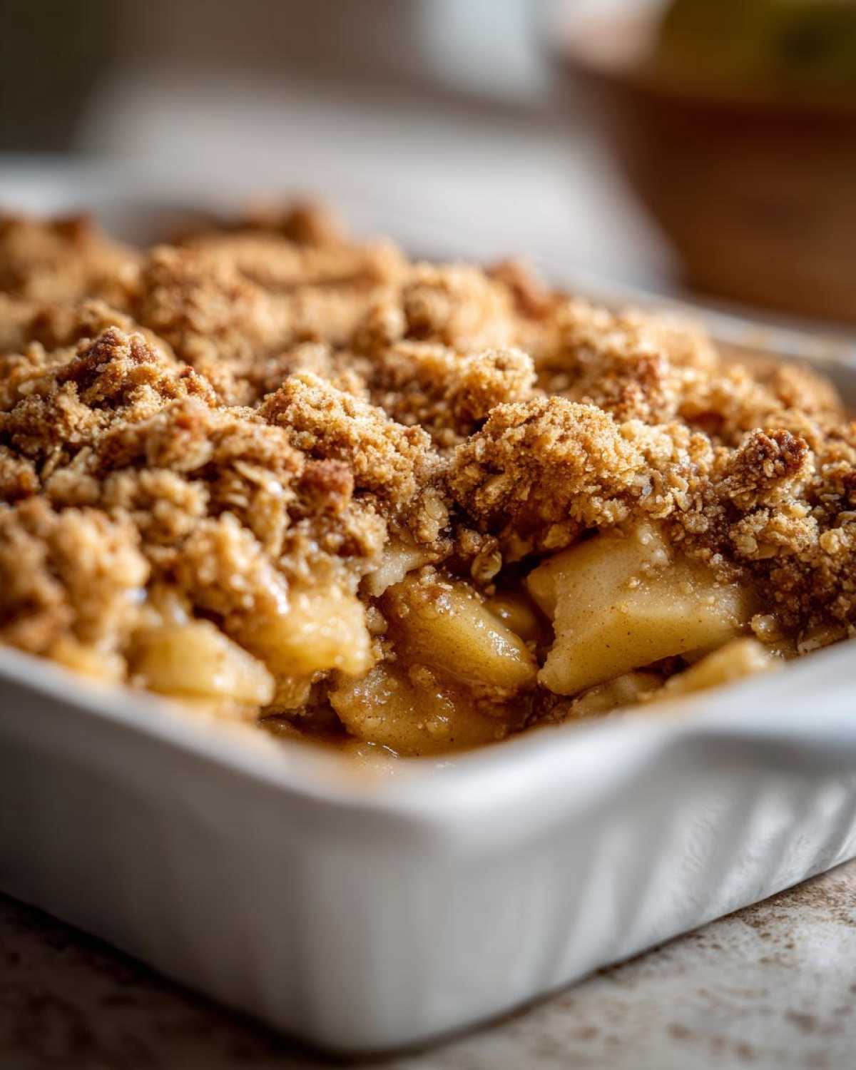 Close-up of baked apple crisp recipe showing warm, gooey apples under a thick, crunchy oat crumble topping in a white dish.