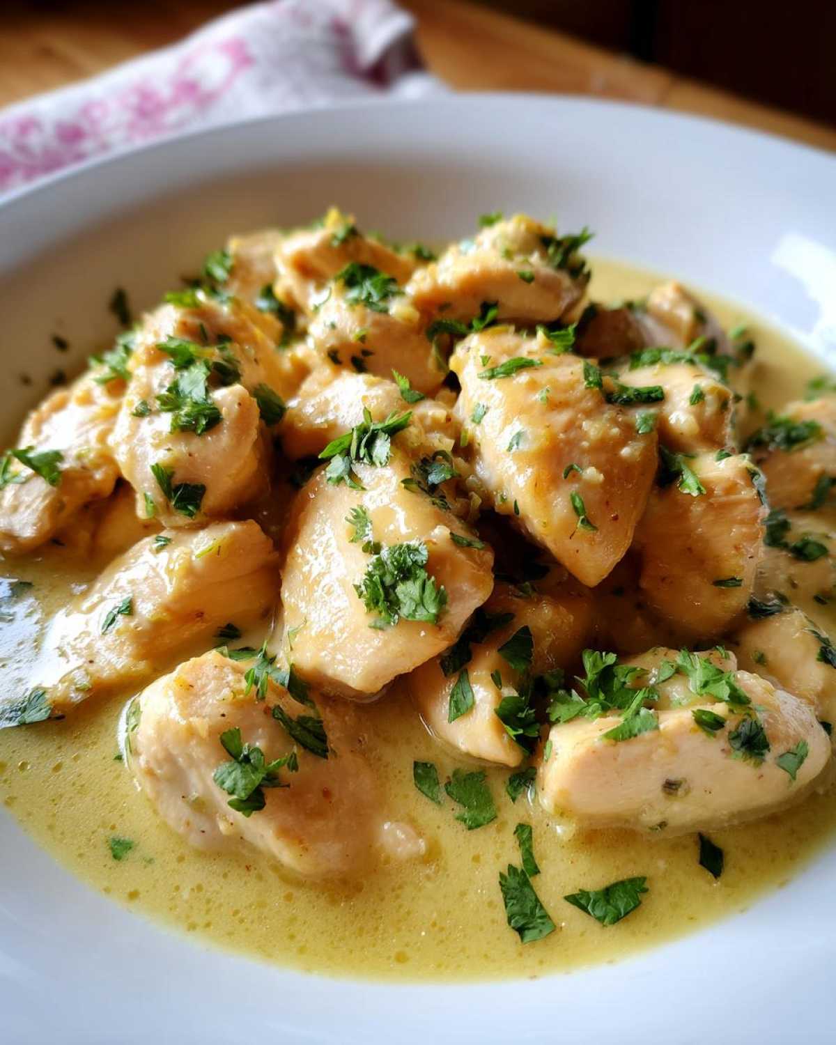 Close-up of tender chunks of coconut lime chicken coated in a creamy yellow sauce and garnished with fresh parsley.