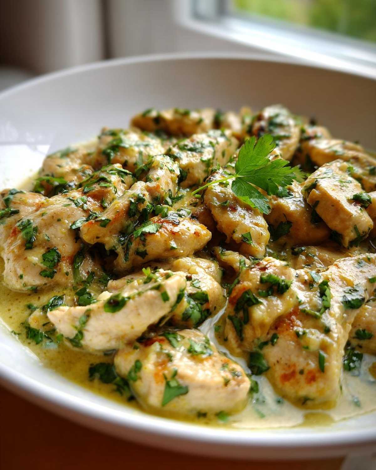 Close-up of tender pieces of coconut lime chicken coated in a creamy, yellow-green sauce and topped with fresh parsley.