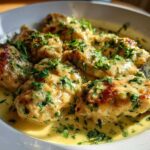 Close-up of pan-seared coconut lime chicken pieces covered in a creamy, yellow sauce and fresh parsley.
