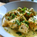 Close-up of tender coconut lime chicken pieces coated in a creamy, yellow-green sauce and topped with fresh parsley.