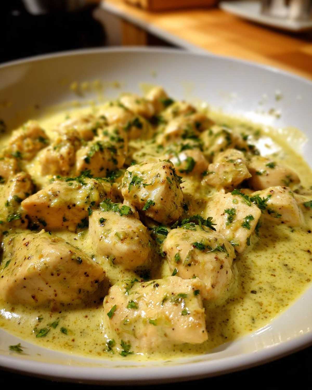 Close-up of cubed chicken pieces coated in a creamy, yellow coconut lime chicken sauce and garnished with fresh parsley.