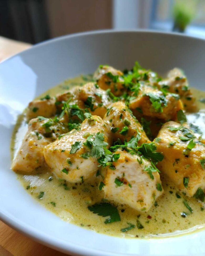 Close-up of tender coconut lime chicken pieces coated in a creamy, yellow-green sauce and topped with fresh parsley.