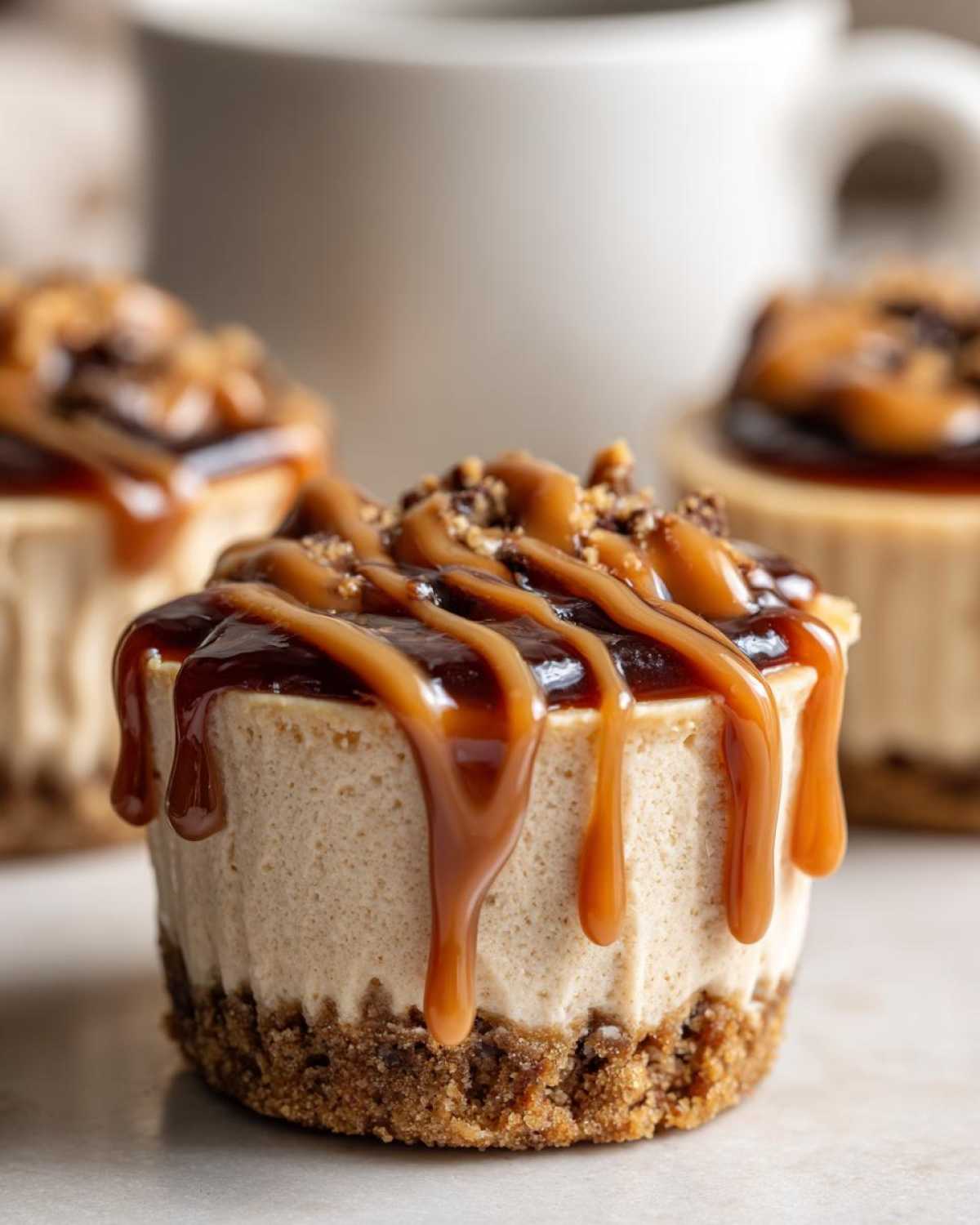 A close-up of one of the decadent cookie butter cheesecake cups topped with thick caramel drizzle and crumbs.