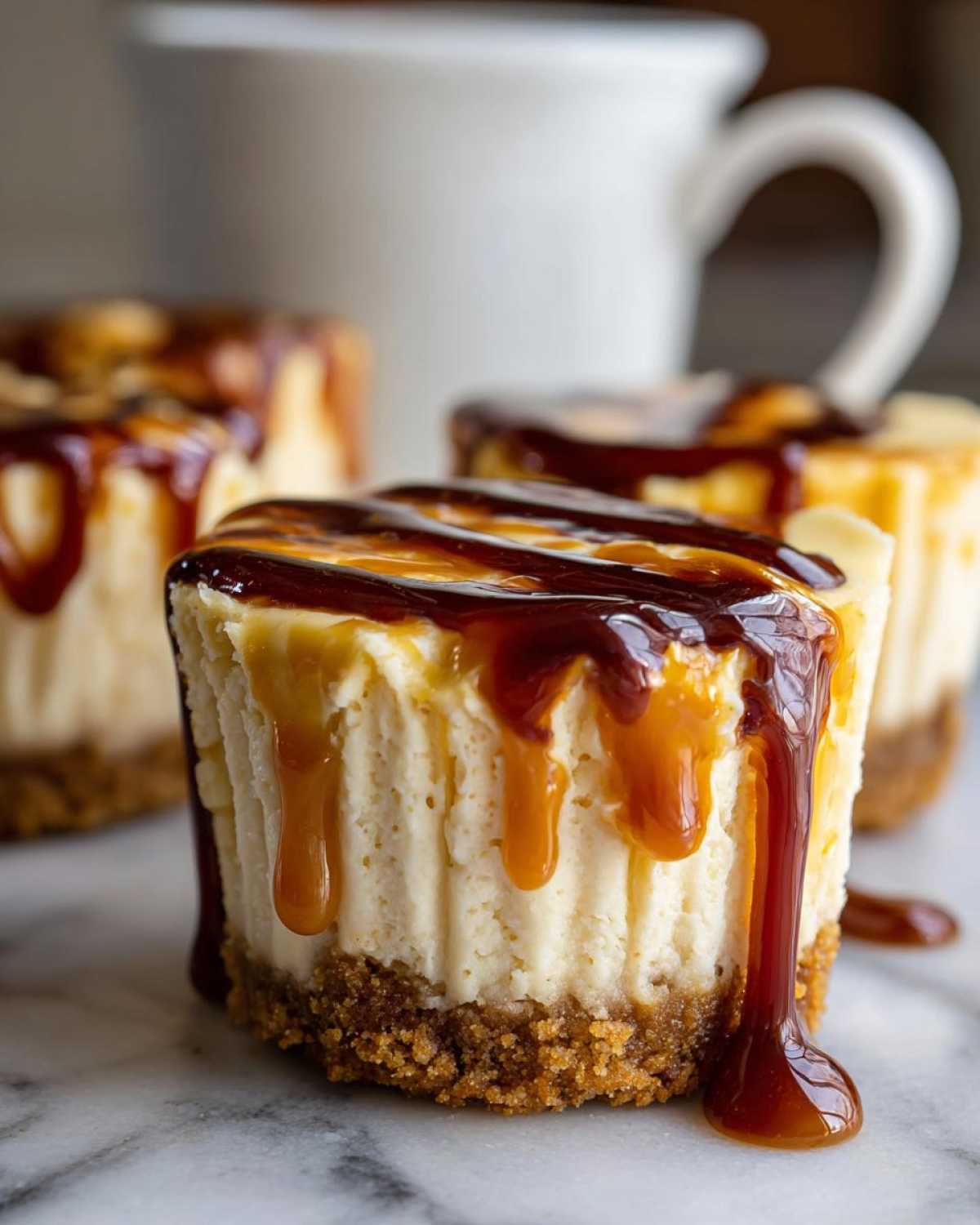 Close-up of a cookie butter cheesecake cup topped with rich, dripping caramel sauce.