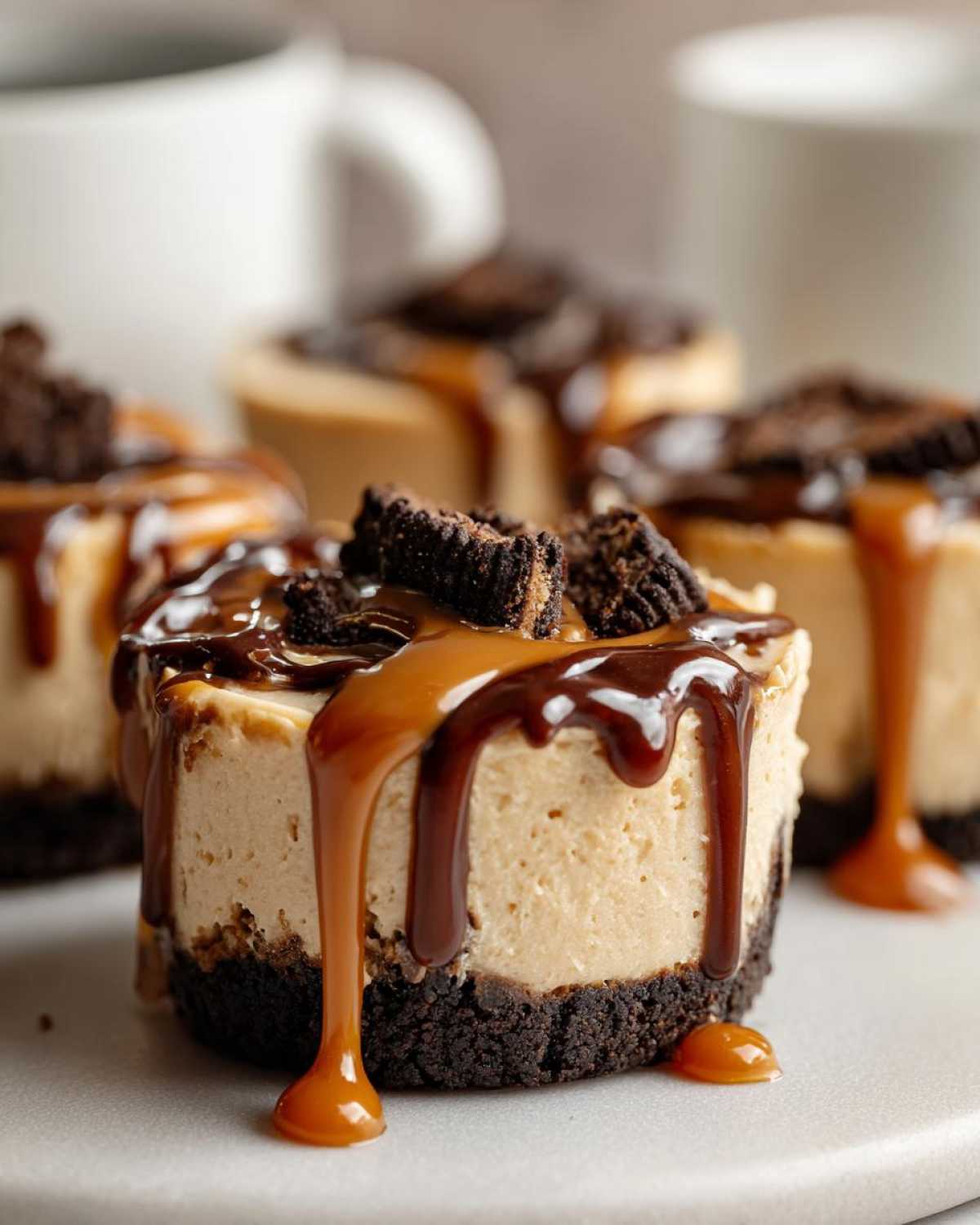 Close-up of a decadent cookie butter cheesecake cup topped with cookie crumbles, caramel, and chocolate sauce.