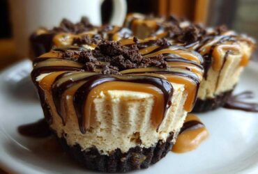 Close-up of a rich cookie butter cheesecake cup topped with caramel, chocolate drizzle, and cookie crumbs.