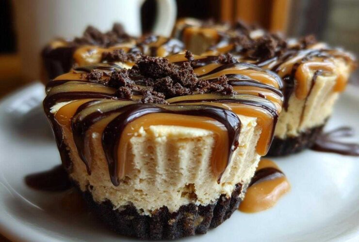 Close-up of a rich cookie butter cheesecake cup topped with caramel, chocolate drizzle, and cookie crumbs.