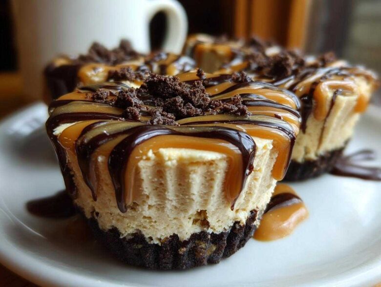 Close-up of a rich cookie butter cheesecake cup topped with caramel, chocolate drizzle, and cookie crumbs.