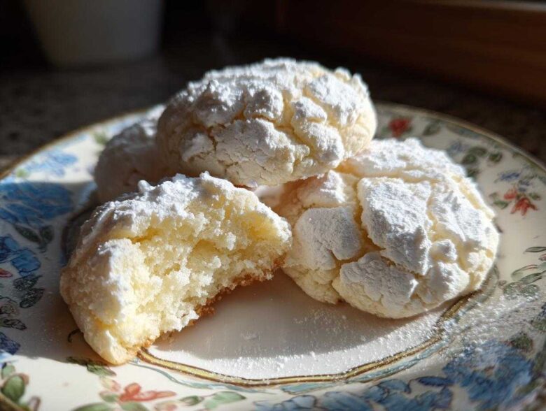 Close-up of soft, powdered sugar-dusted cool whip cookies, one broken open to show the texture.