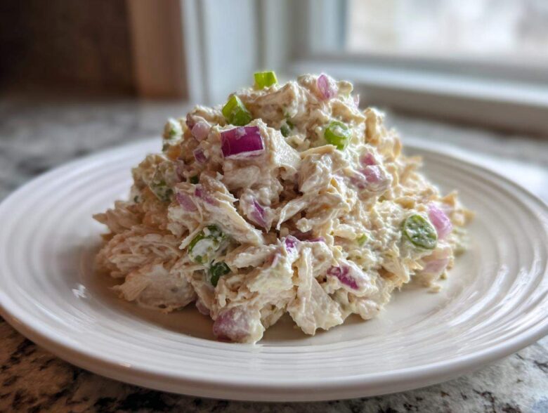 A mound of creamy cottage cheese chicken salad mixed with visible chunks of red onion and green scallions, served on a white plate.