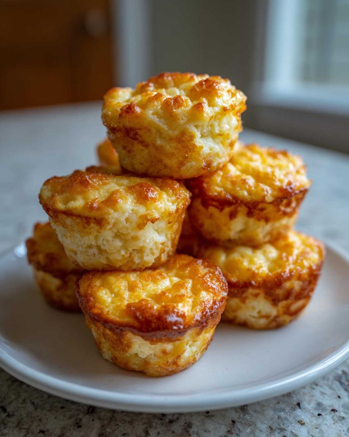 A stack of golden brown, fluffy cottage cheese egg cups starbucks hack on a white plate.