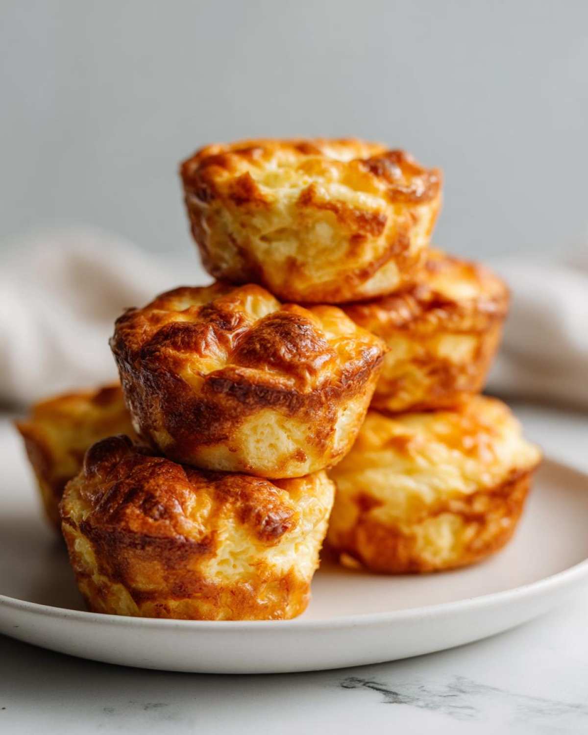 A stack of golden brown cottage cheese egg cups, resembling mini muffins, ready to eat.
