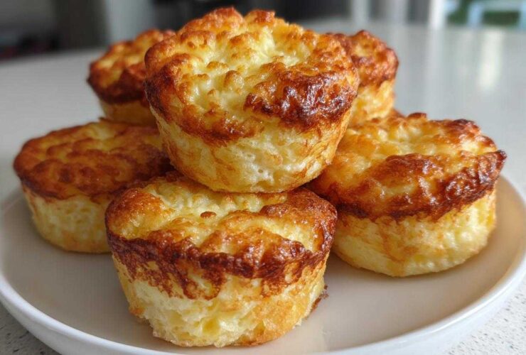 A stack of five golden-brown cottage cheese egg cups starbucks hack muffins piled on a white plate.