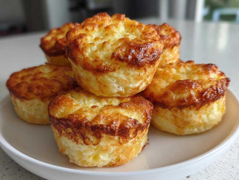 A stack of five golden-brown cottage cheese egg cups starbucks hack muffins piled on a white plate.