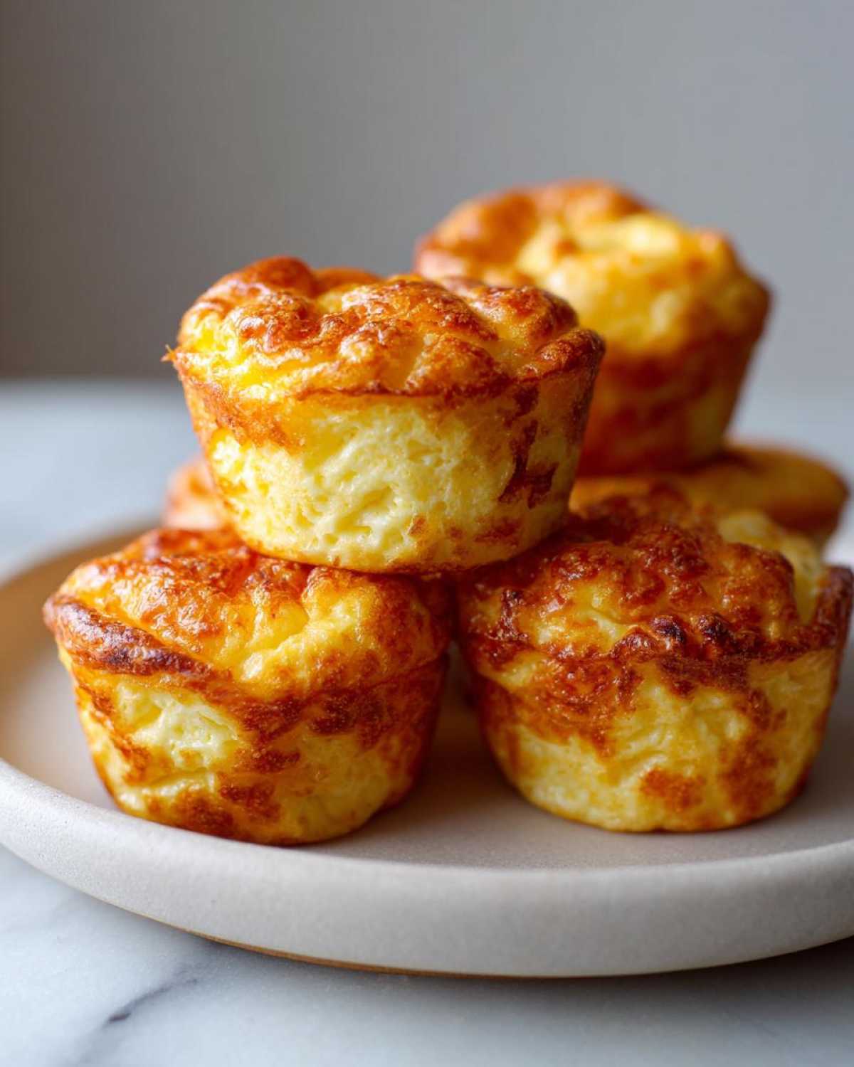 A stack of golden brown cottage cheese egg cups starbucks style on a light plate.