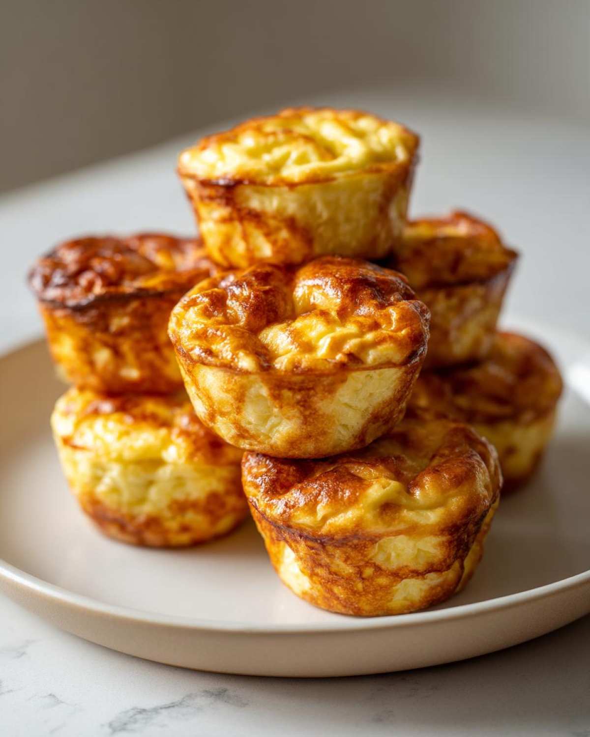 A stack of freshly baked, golden brown cottage cheese egg cups, mimicking the Starbucks style.