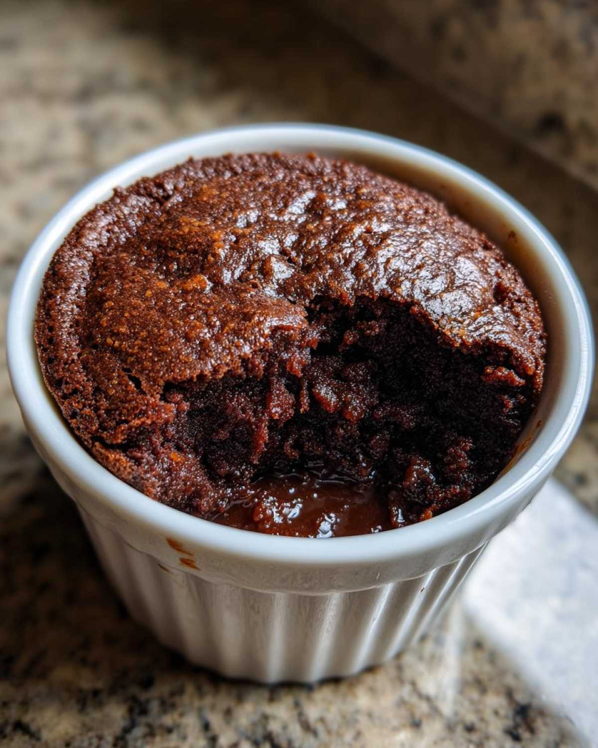 A rich, dark chocolate Cottage Cheese Microwave Brownie served warm in a white fluted ramekin with a gooey center.