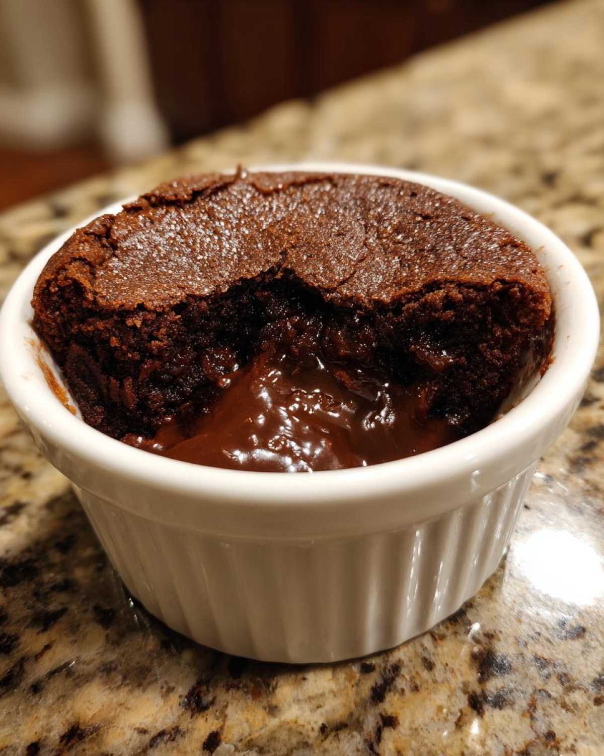 Close-up of a warm Cottage Cheese Microwave Brownie with a molten chocolate center in a white ramekin.