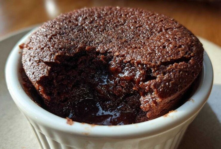 Close-up of a warm, fudgy Cottage Cheese Microwave Brownie with a molten center in a white ramekin.