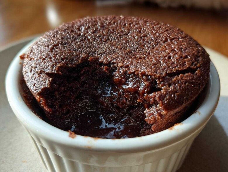 Close-up of a warm, fudgy Cottage Cheese Microwave Brownie with a molten center in a white ramekin.
