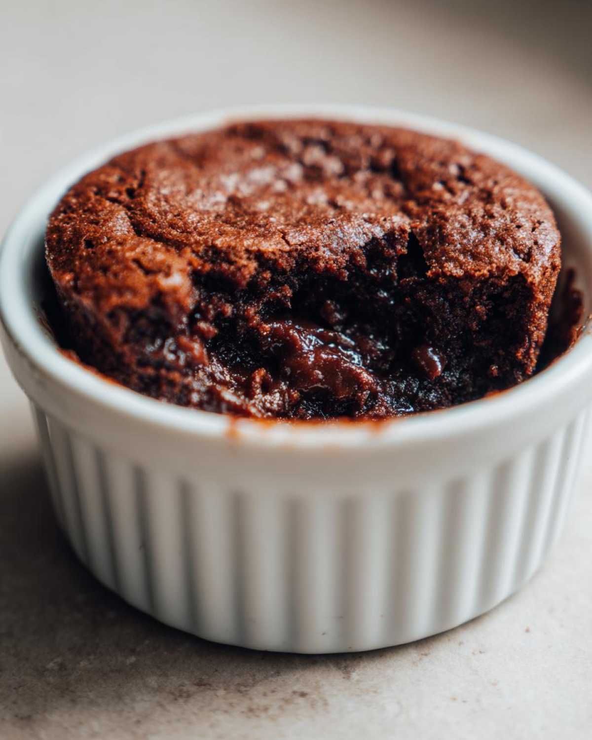 Close-up of a warm, gooey Cottage Cheese Microwave Brownie baked in a white fluted ramekin.