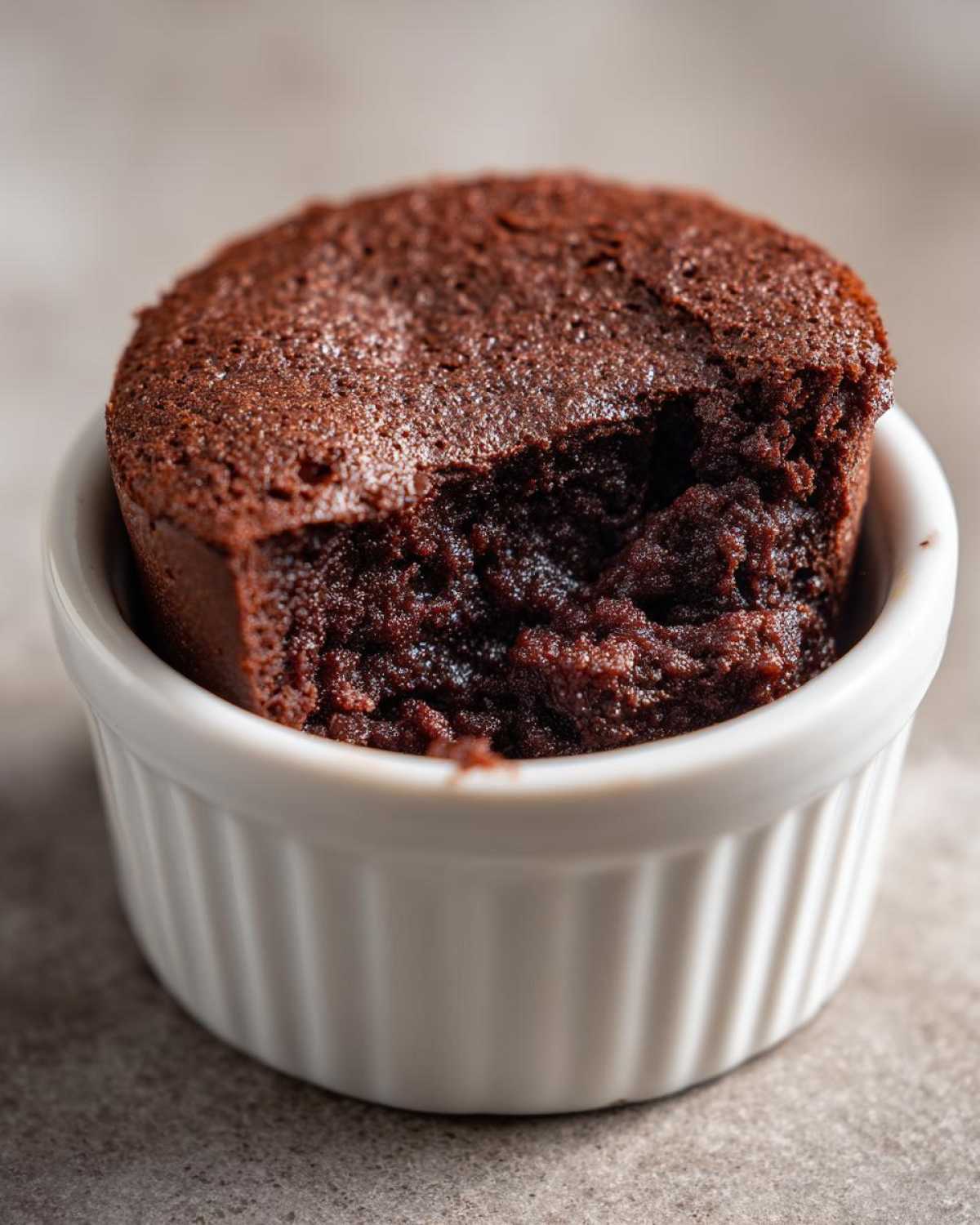 Close-up of a rich, dark Cottage Cheese Microwave Brownie with a bite taken out, served in a white fluted ramekin.