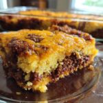 A close-up slice of cowboy cornbread casserole showing layers of cornbread, savory filling, and melted cheddar cheese.