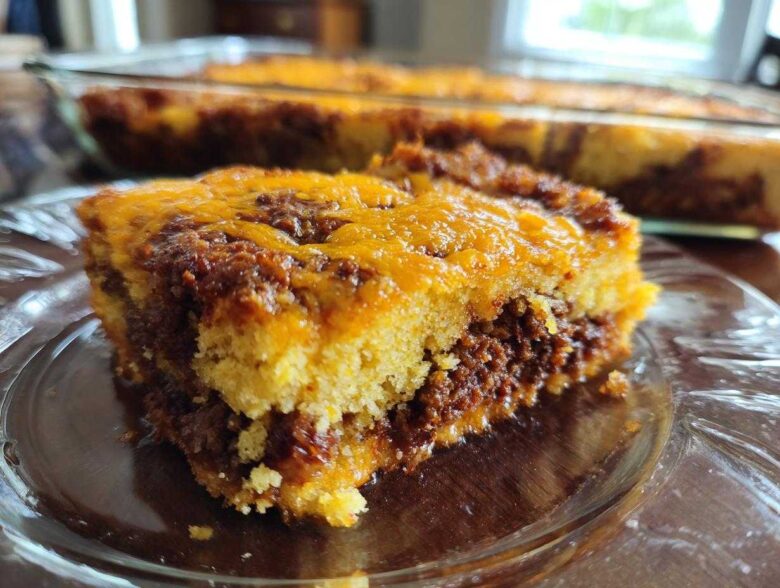 A close-up slice of cowboy cornbread casserole showing layers of cornbread, savory filling, and melted cheddar cheese.