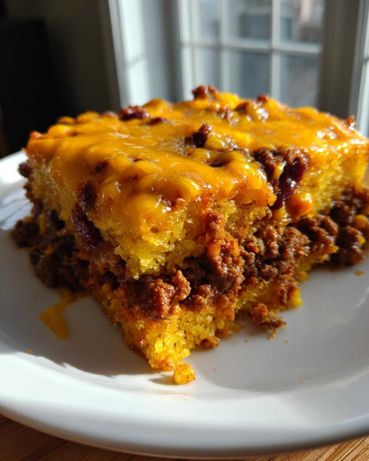 Close-up of a hearty slice of cowboy cornbread casserole topped with melted cheddar cheese and chili meat.