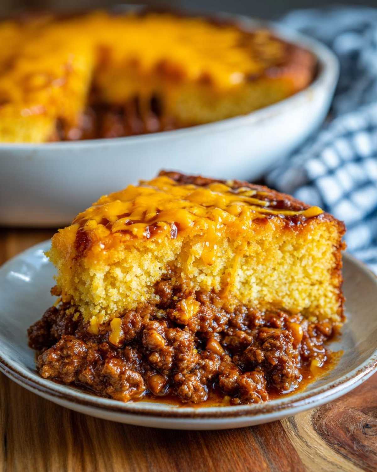 A generous slice of cowboy cornbread casserole topped with melted cheddar cheese resting on a bed of savory chili.