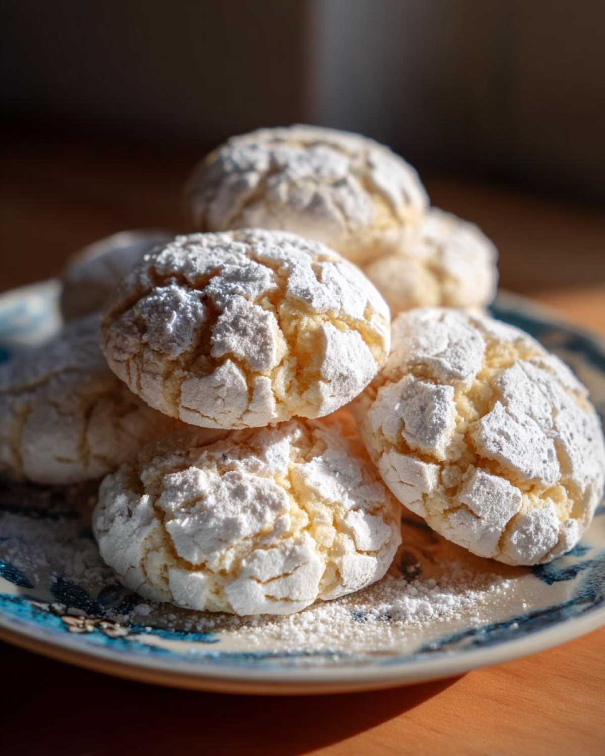 A stack of soft, cracked-top cool whip cookies heavily dusted with powdered sugar, resting on a blue patterned plate.