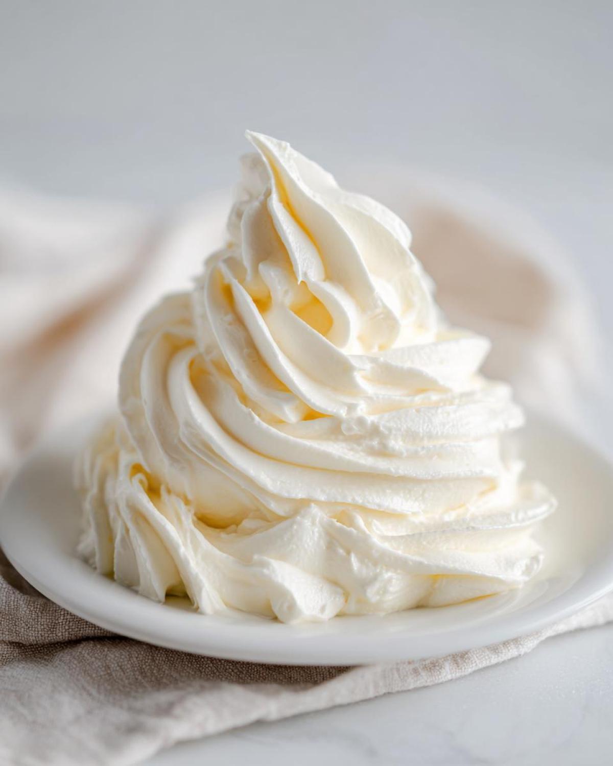 A tall, perfectly piped swirl of fluffy white cream cheese frosting sitting on a small white saucer.