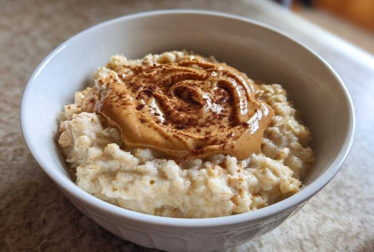 Close-up of creamy banana oatmeal topped with a swirl of peanut butter and a sprinkle of cinnamon.