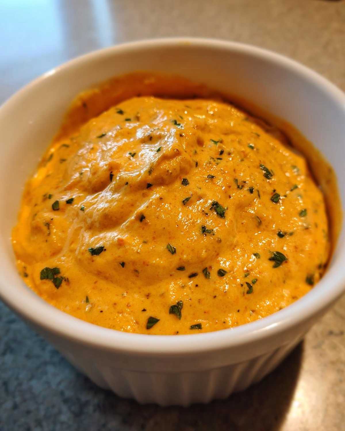 A close-up shot of thick, creamy orange beer cheese dip garnished with specks of green herbs in a white ramekin.