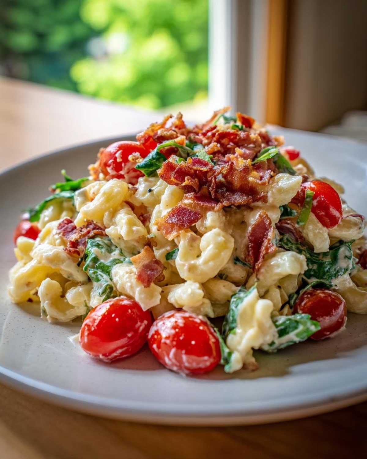 Close-up of a creamy blt pasta salad featuring elbow macaroni, halved cherry tomatoes, spinach, and crispy bacon crumbles.