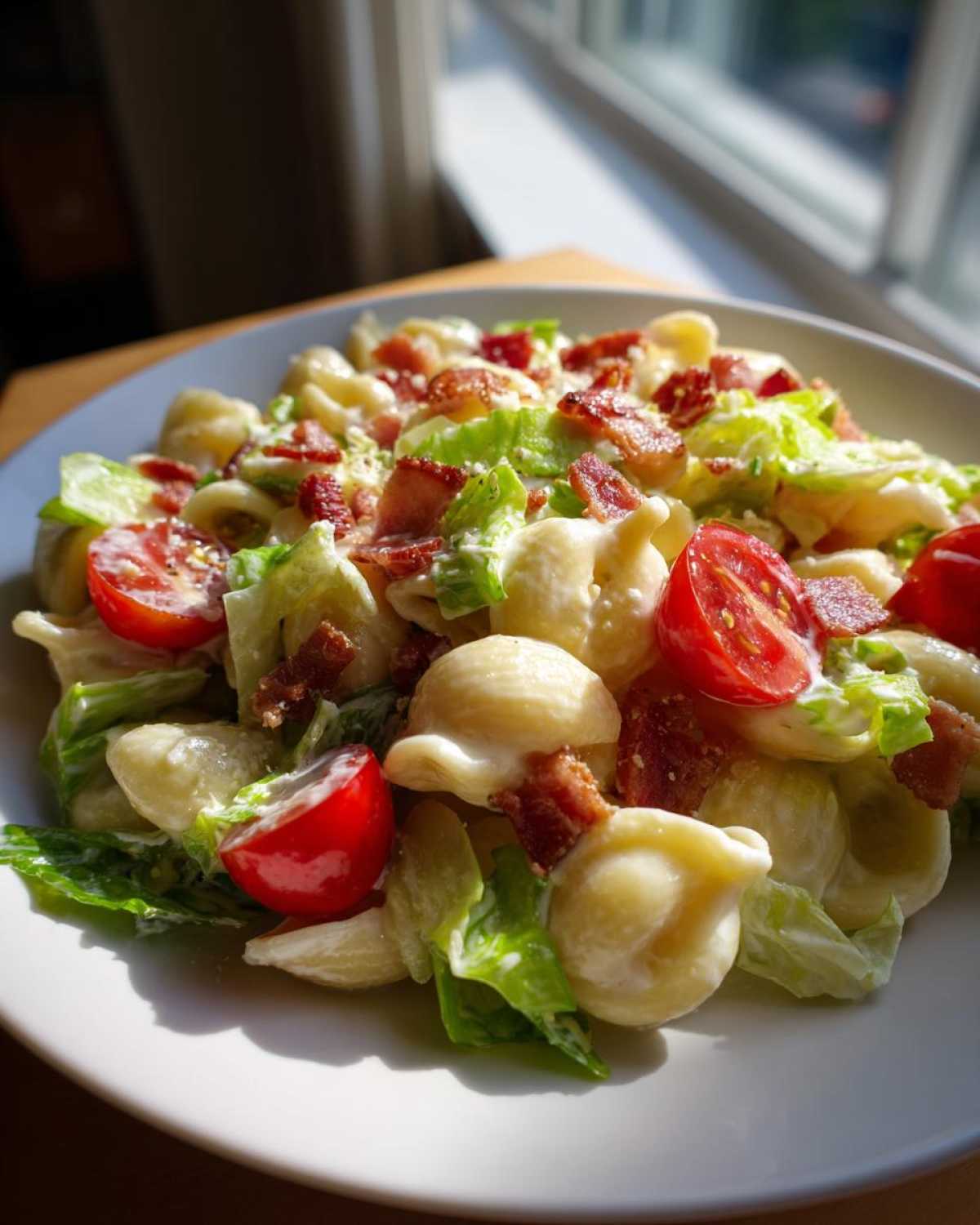 Close-up of a bowl of creamy blt pasta salad featuring shell pasta, crisp lettuce, cherry tomatoes, and bacon bits.