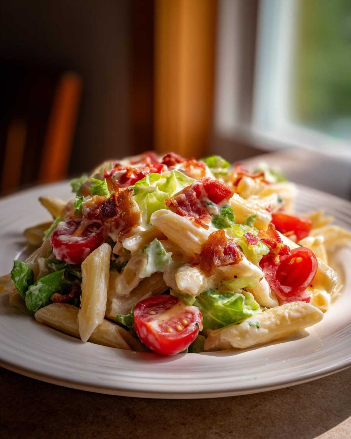 A close-up of a serving of creamy blt pasta salad featuring penne pasta, crisp lettuce, cherry tomatoes, and bacon bits.