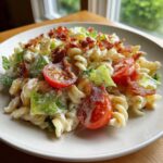 A close-up of creamy blt pasta salad featuring rotini pasta, crisp lettuce, halved cherry tomatoes, and crumbled bacon.