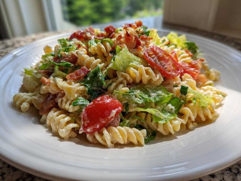 A close-up serving of creamy blt pasta salad featuring fusilli pasta, crisp lettuce, bacon bits, and halved cherry tomatoes on a white plate.