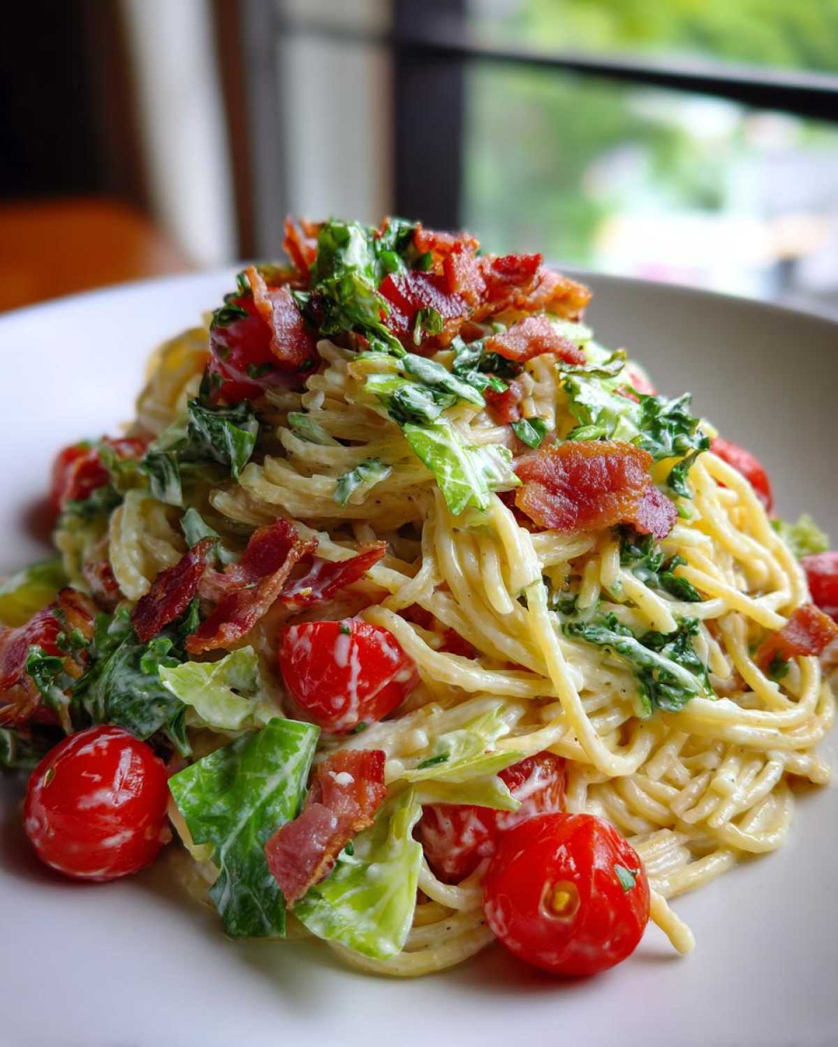 A close-up of a creamy blt pasta salad featuring spaghetti, chopped lettuce, cherry tomatoes, and crispy bacon crumbles.
