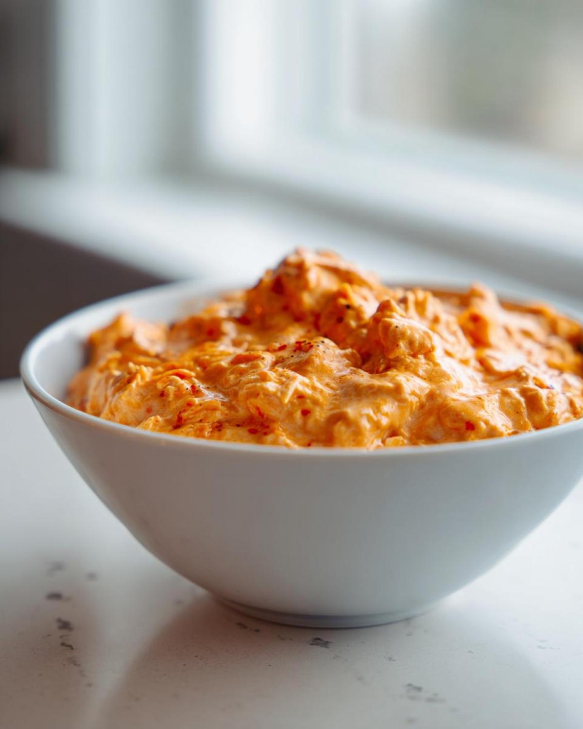 Close-up of creamy, orange buffalo chicken dip served in a white bowl near a window.