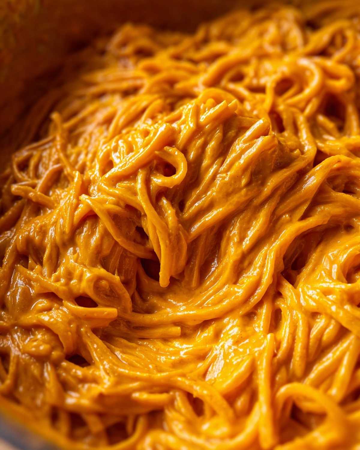 Close-up shot of spaghetti completely coated in a thick, creamy, orange butternut squash pasta sauce.